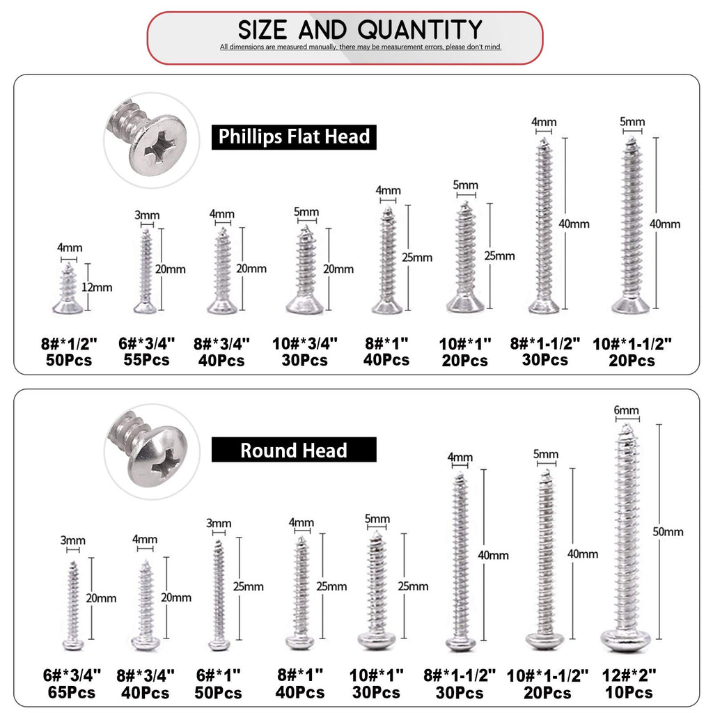 Hilitchi 570 Piece M 3 4 5 6 Stainless Steel Phillips Round Flat Head Self Tapping Screw Assortment Kit