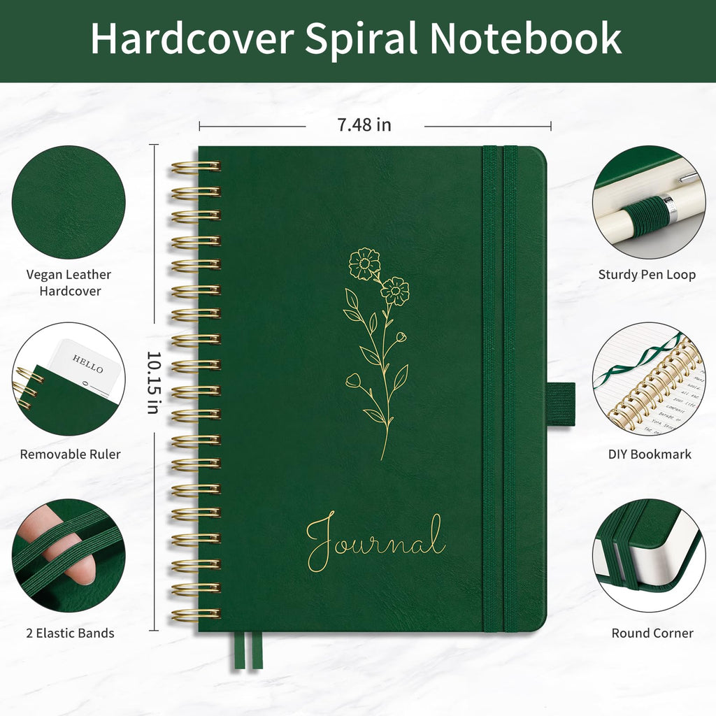 EMSHOI Lined Spiral Journal Notebook B5, 300 Numbered Pages, College Ruled Notebook, 7.48"×10.15" x 100gsm Lined Paper, Hardcover Leather Notebook for School, Work & Note Writing - Dark Green