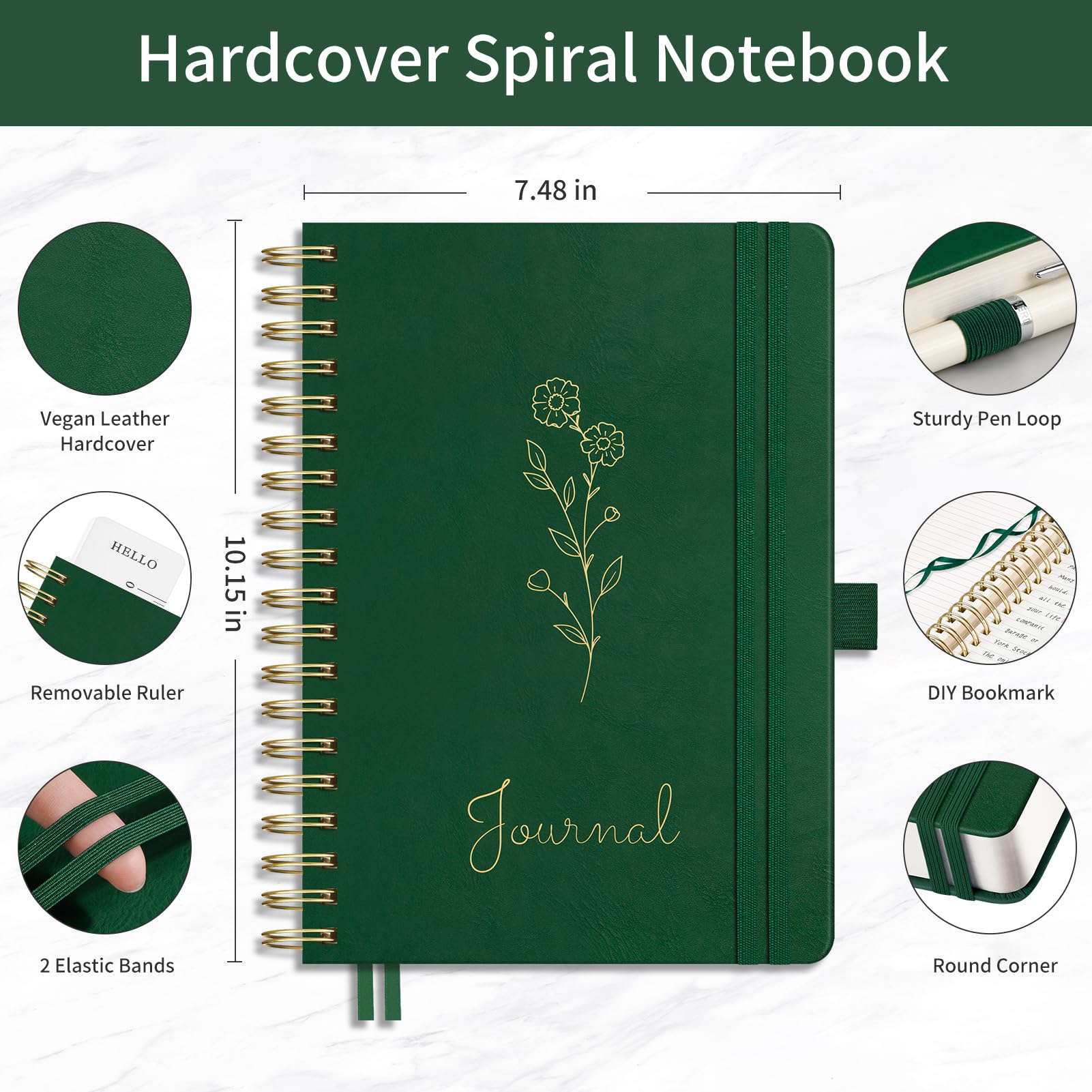 EMSHOI Lined Spiral Journal Notebook B5, 300 Numbered Pages, College Ruled Notebook, 7.48"×10.15" x 100gsm Lined Paper, Hardcover Leather Notebook for School, Work & Note Writing - Dark Green