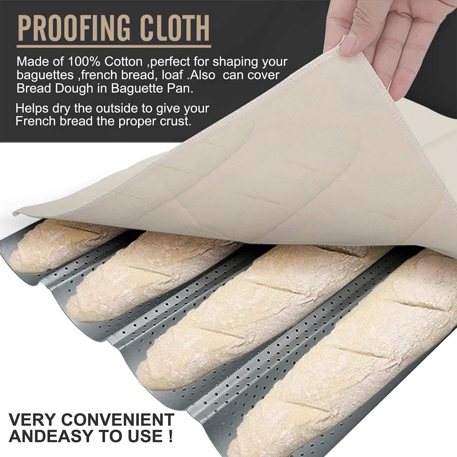 Feishiong French Baguette Bread Pan,with Professional Proofing Cloth, 15"X 13" Non-Stick French Bread pan, 4 Wave Loaves Loaf Baguette pan for Baking Toast Perforated Bakers Molding