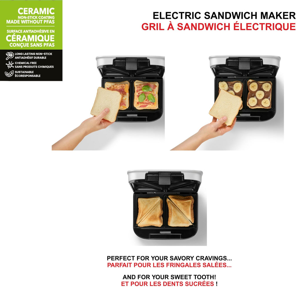 Starfrit Electric Sandwich Maker - Chemical Free Ceramic Non-Stick Surface – 2 Slice & 4 Deep Pockets To Fill – Indicator Light -Cool Touch Handle - 700W – White