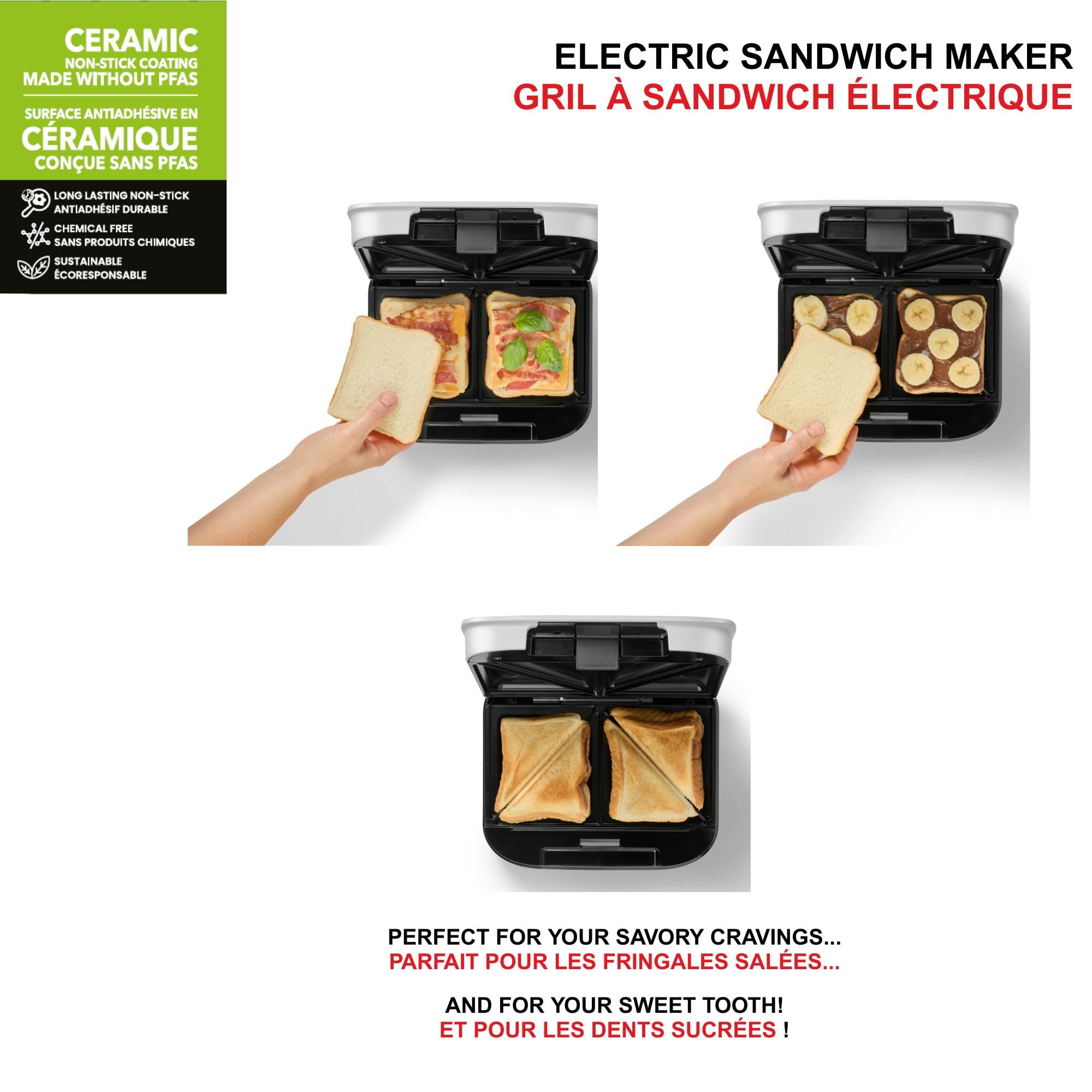 Starfrit Electric Sandwich Maker - Chemical Free Ceramic Non-Stick Surface – 2 Slice & 4 Deep Pockets To Fill – Indicator Light -Cool Touch Handle - 700W – White