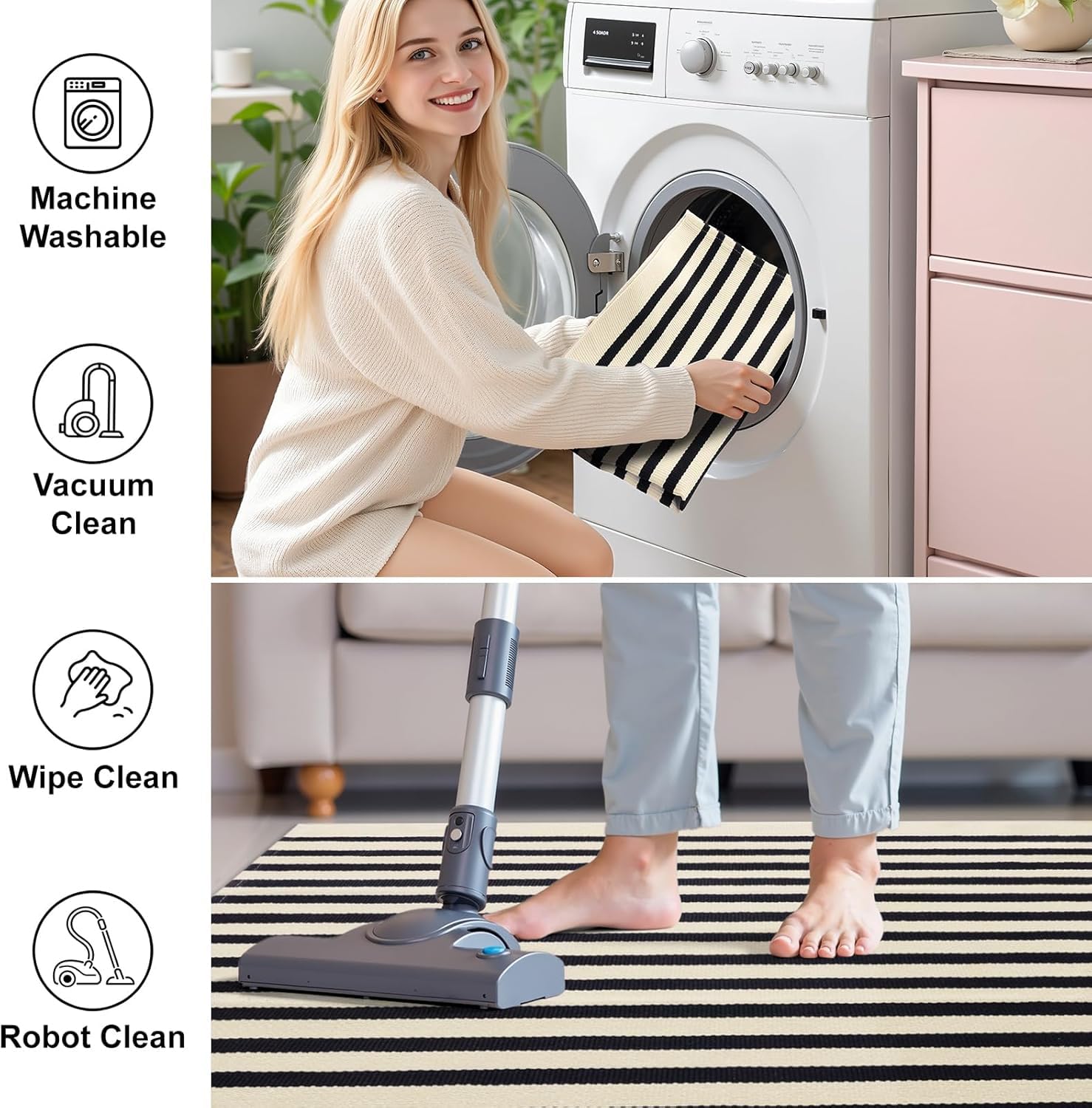 Colorxy Black and White Front Door Mat Outdoor 2x4.2 Cotton Handwoven Layered Welcome Mat Washable Stripe Outdoor Mats for Entrance Porch Front Door Decor