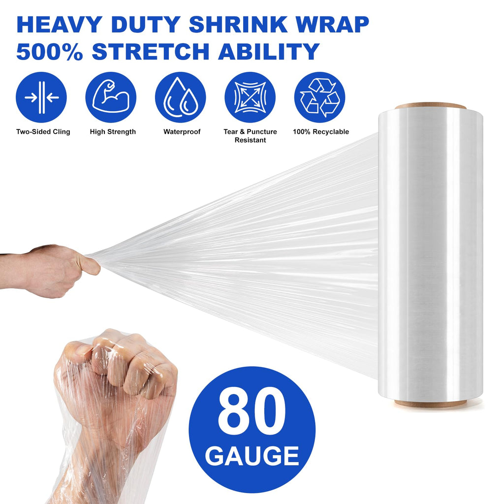 Ealyder Tape 2 Rolls Clear Stretch Wrap 12" x 1000 FT x 80 Gauge, Industrial Heavy Duty Stretch Wrap Shrink Film, Durable Self-Adhering for Packing, Moving, Pallet, Included Wrap Holder