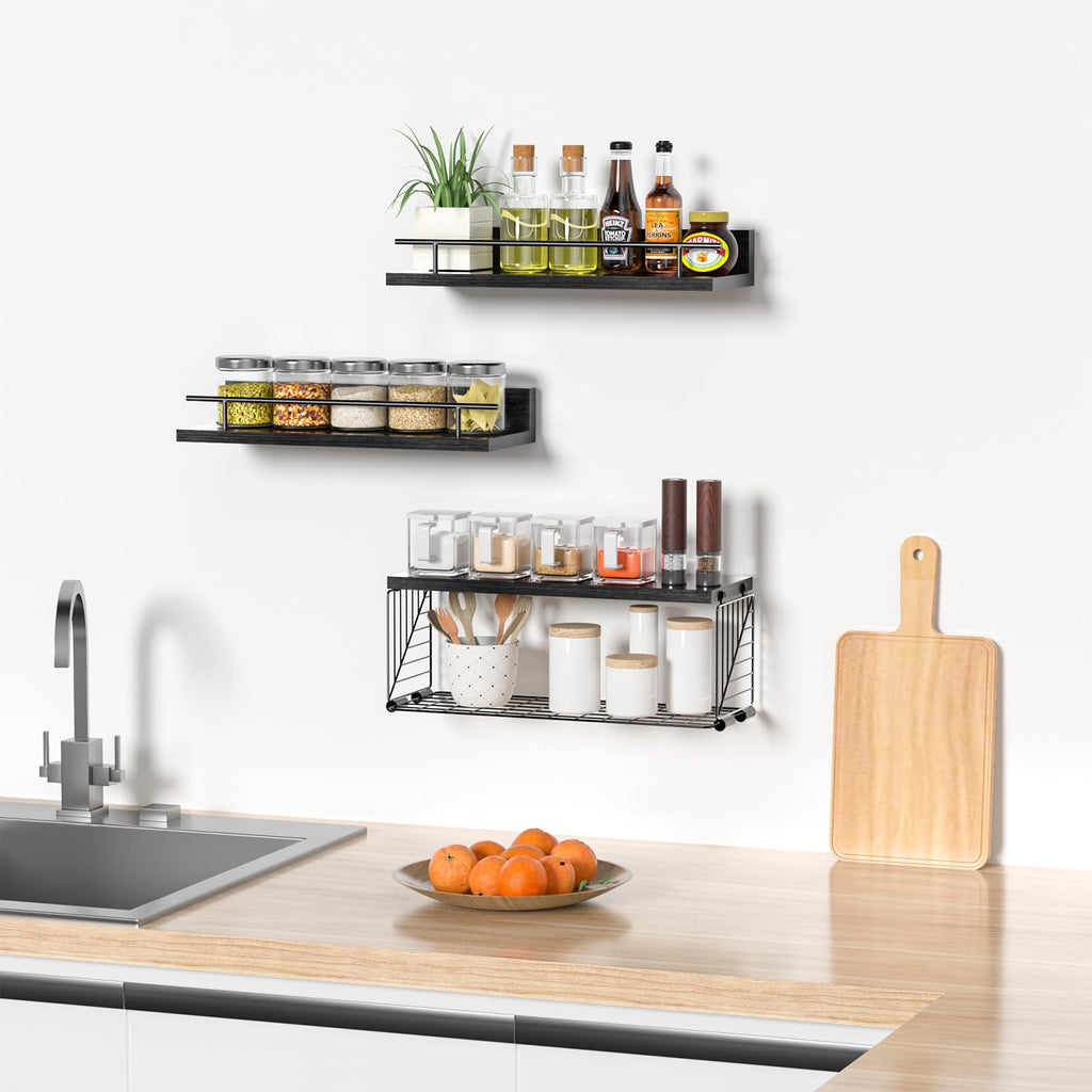 Kowsinde Bathroom Shelves with Wire Storage Basket, Floating Shelves Over Toilet with Protective Metal Guardrail, Wood Wall Mounted Floating Shelves for Bathroom, Living Room, Kitchen and Bedroom