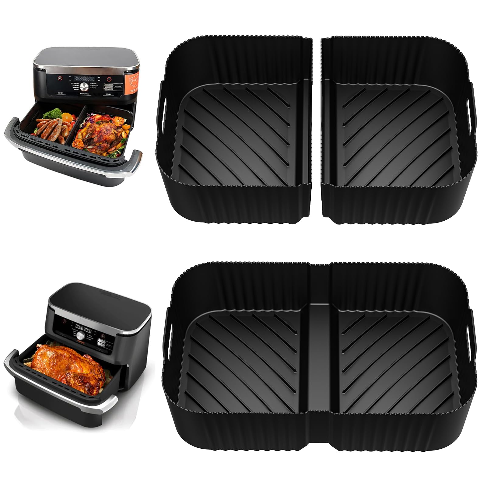 HOMELYLIFE Air Fryer Silicone Liners for Ninja DZ071C 7-QT DualZone Megazone Air Fryer, 2 Pcs Liners for Dual 3.5QT Baskets and 1 Pcs Liner for 7-QT Megazone Basket, 3 PCS Air Fryer Accessories