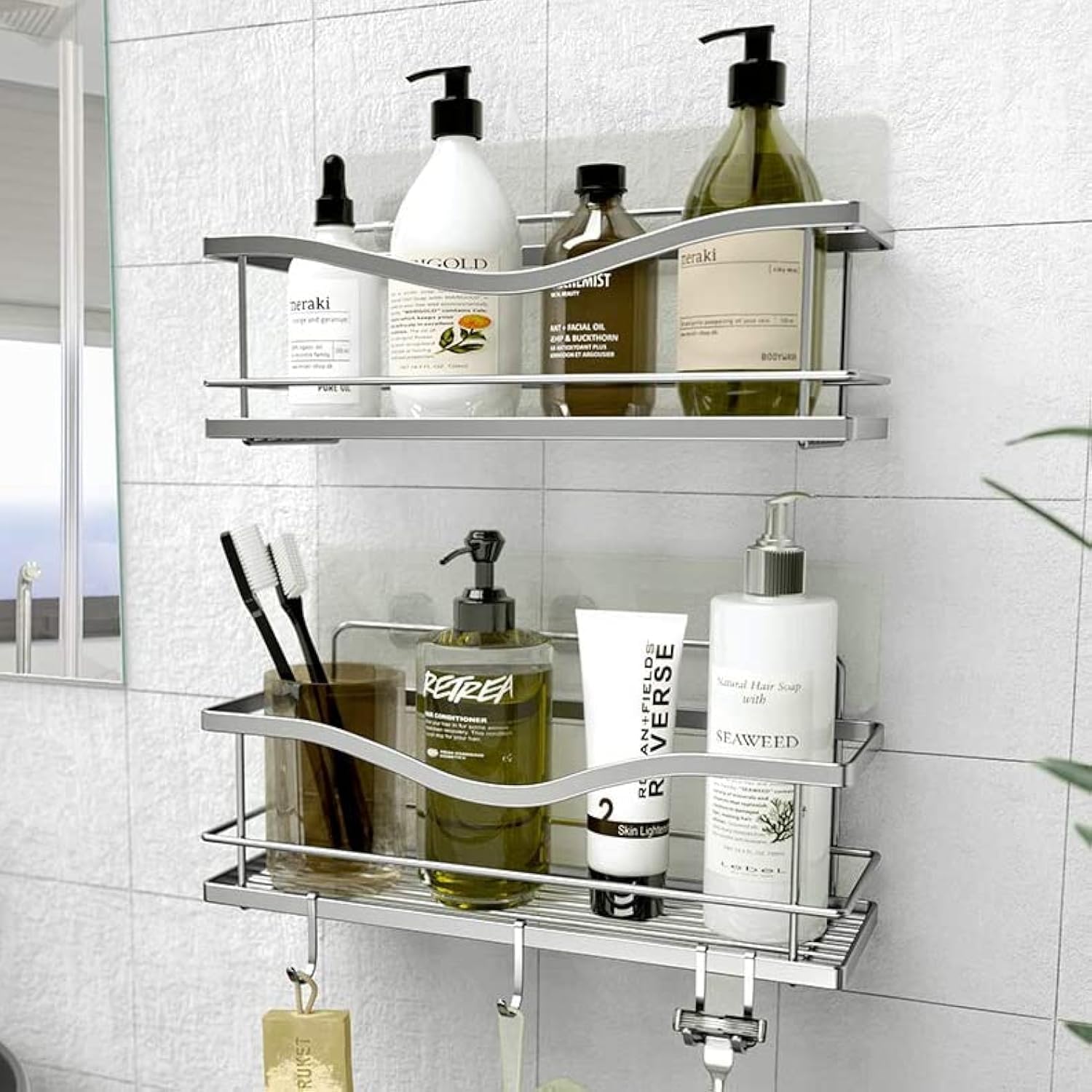 KINCMAX Premium Shower Caddy, Self Adhesive Wall Shower Organizer, 2-Pack No Drill Bathroom Shower Shelves for Inside Shower, Rustproof Stainless Steel Shampoo Holder, Shower Storage Rack, Silver