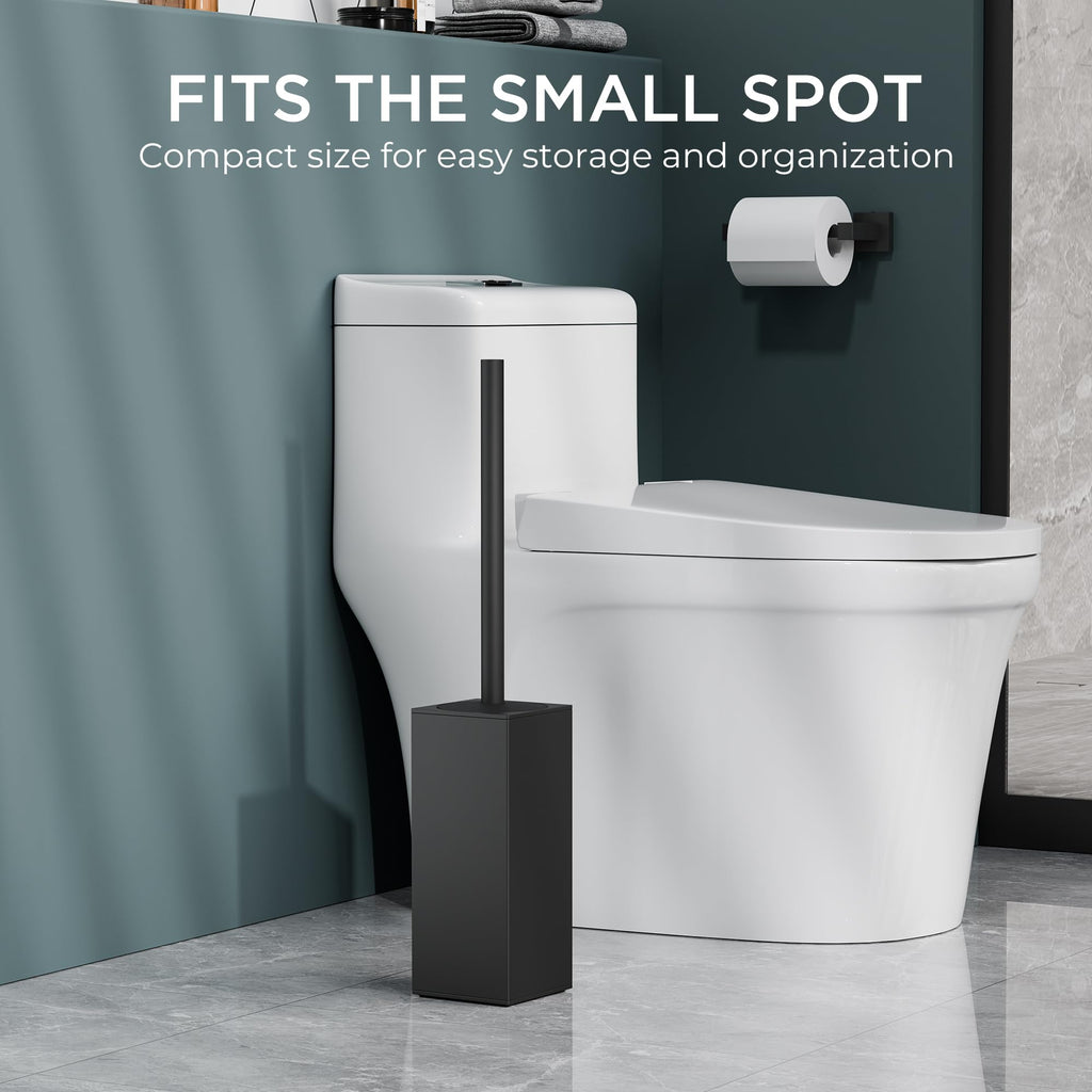 FORIOUS Toilet Brush and Holder Set, Heavy Duty 304 Stainless Steel Base, Toilet Brushes with Long Handle for Bathroom, Deep Cleaning, Drip-Proof, Space Saving, 2 Toilet Bowl Brush Head, Matte Black