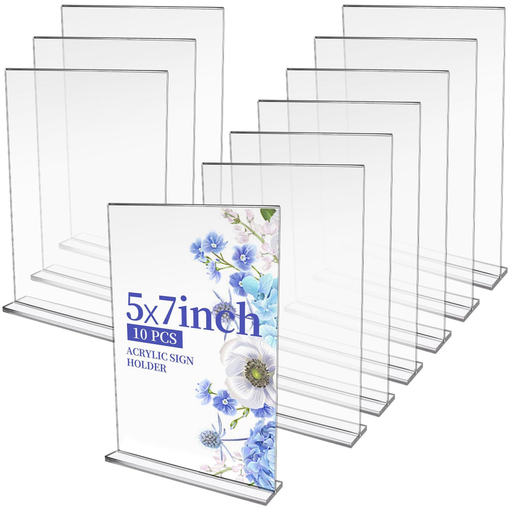 GANGBARU 10 Pack 5 x 7 Inch Acrylic Sign Holder Clear Double Sided Vertical Display Stand T Shape Flyer Menu Brochure Paper Holders for Restaurant Wedding School Hotel Tabletop