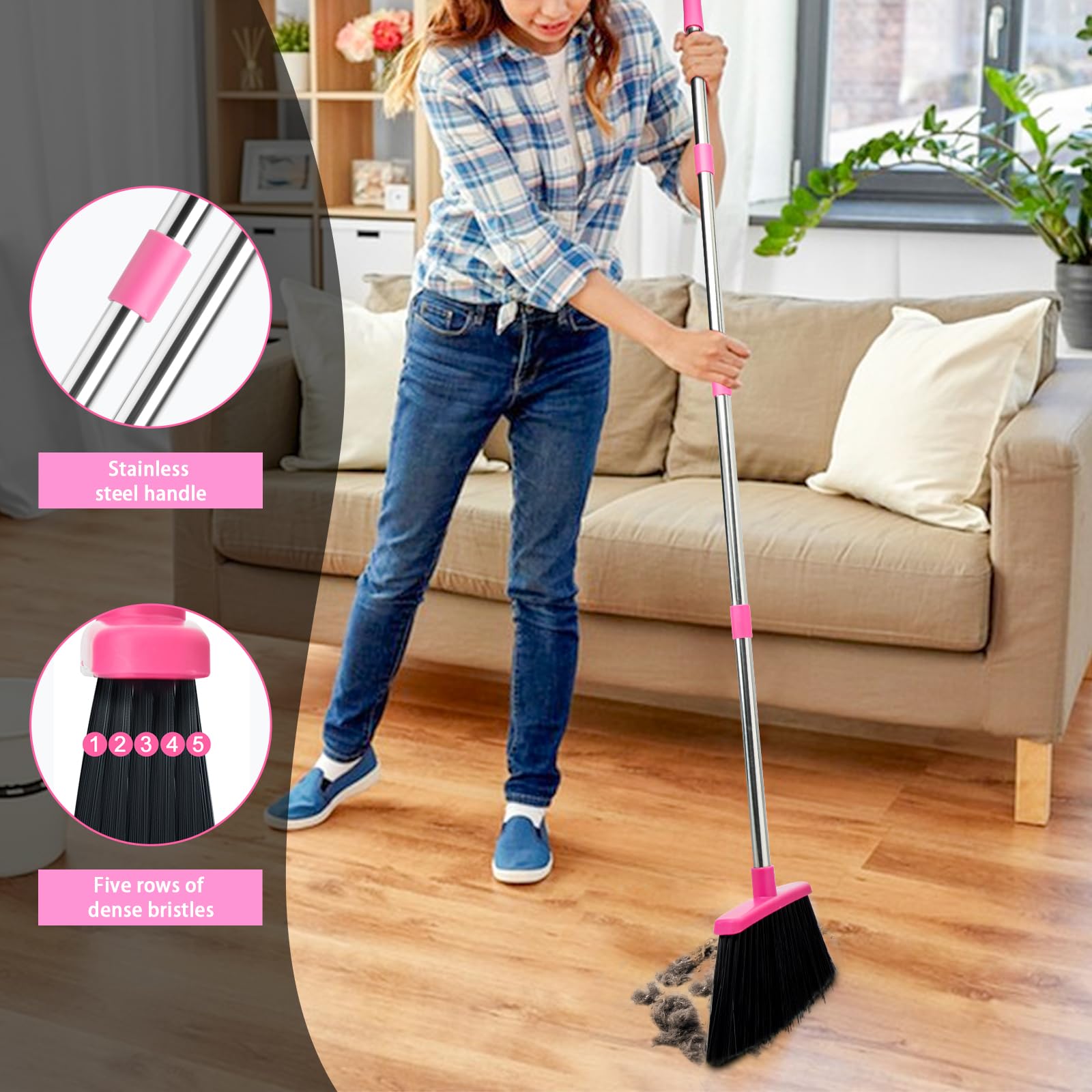 XXFLOWER Broom and Dustpan Set, Dustpans with 51 Inch Broom Combo with Long Handle for Home Kitchen Room Office Indoor Floor Cleaning(Black-Pink)