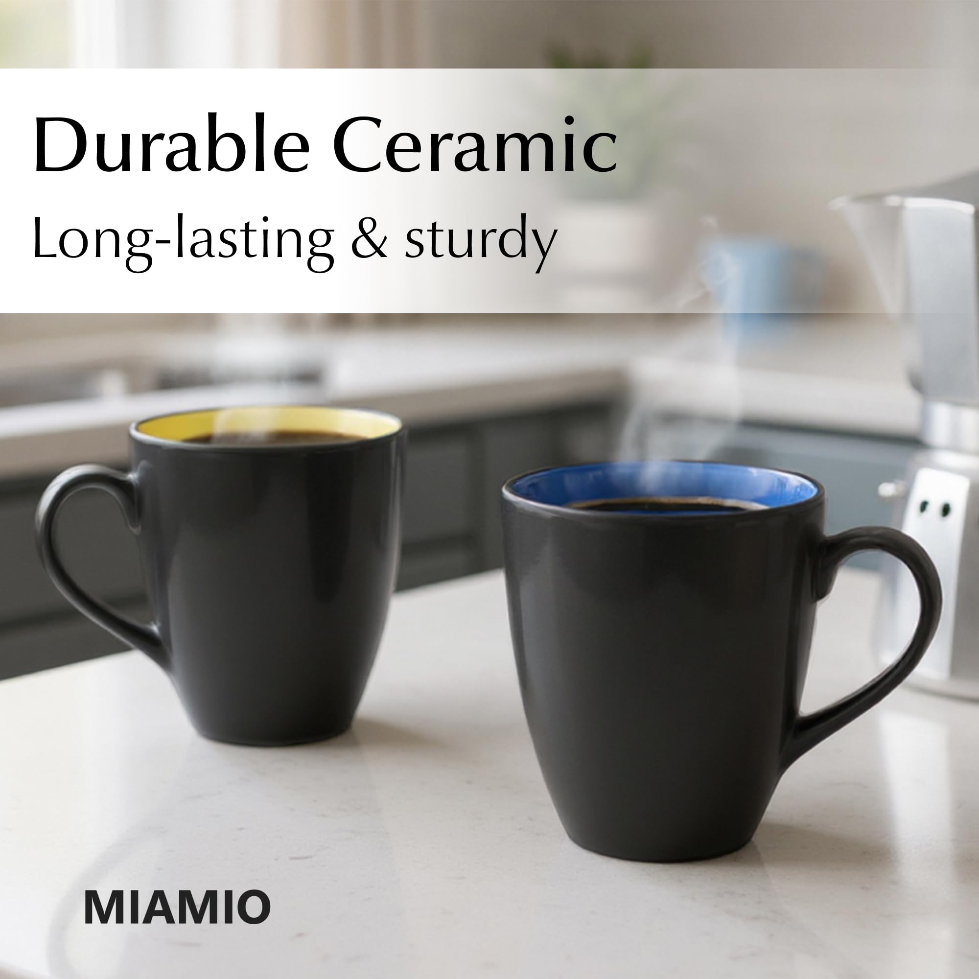 MIAMIO - 6 x 350 ml Stoneware Coffee Mug/Cup Set - Le Papillon Collection (Black-Colorful)