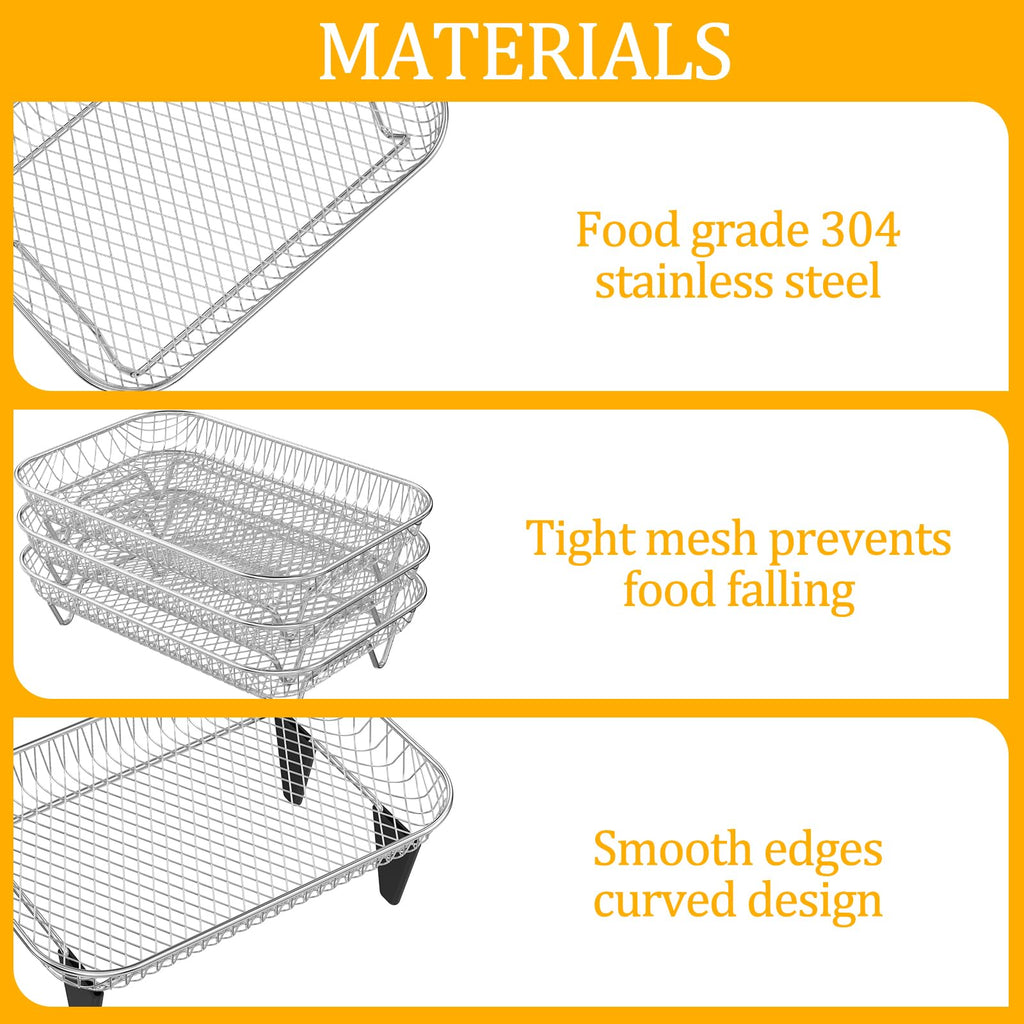 Abizarch Air Fryer Accessories Rack for Ninja Basket, 3 Layers, 304 Stainless Steel Stacking Bacon Racks for Ninja AF300UK, Salter/Instant/EMtronics Double Drawer, with Clip and 8 Silicone Feet