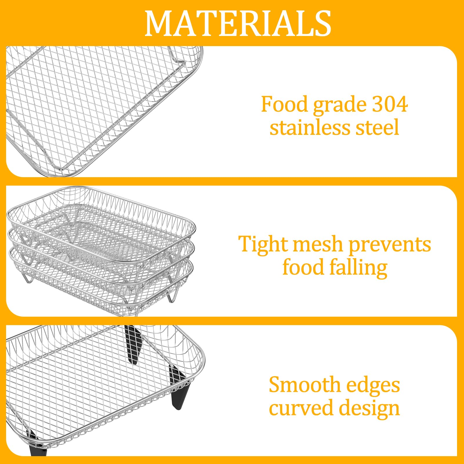 Abizarch Air Fryer Accessories Rack for Ninja Basket, 3 Layers, 304 Stainless Steel Stacking Bacon Racks for Ninja AF300UK, Salter/Instant/EMtronics Double Drawer, with Clip and 8 Silicone Feet