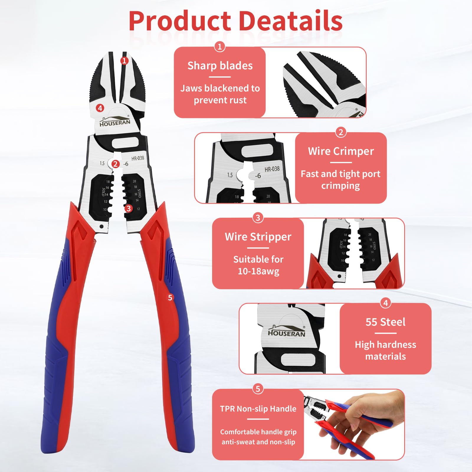 Wire Cutters, HOUSERAN Side Cutters with Wire Stripper and Crimper, Wire Cutters Heavy Duty, 3-in-1 Diagonal Cutters for Cutting, Crimping, and Stripping