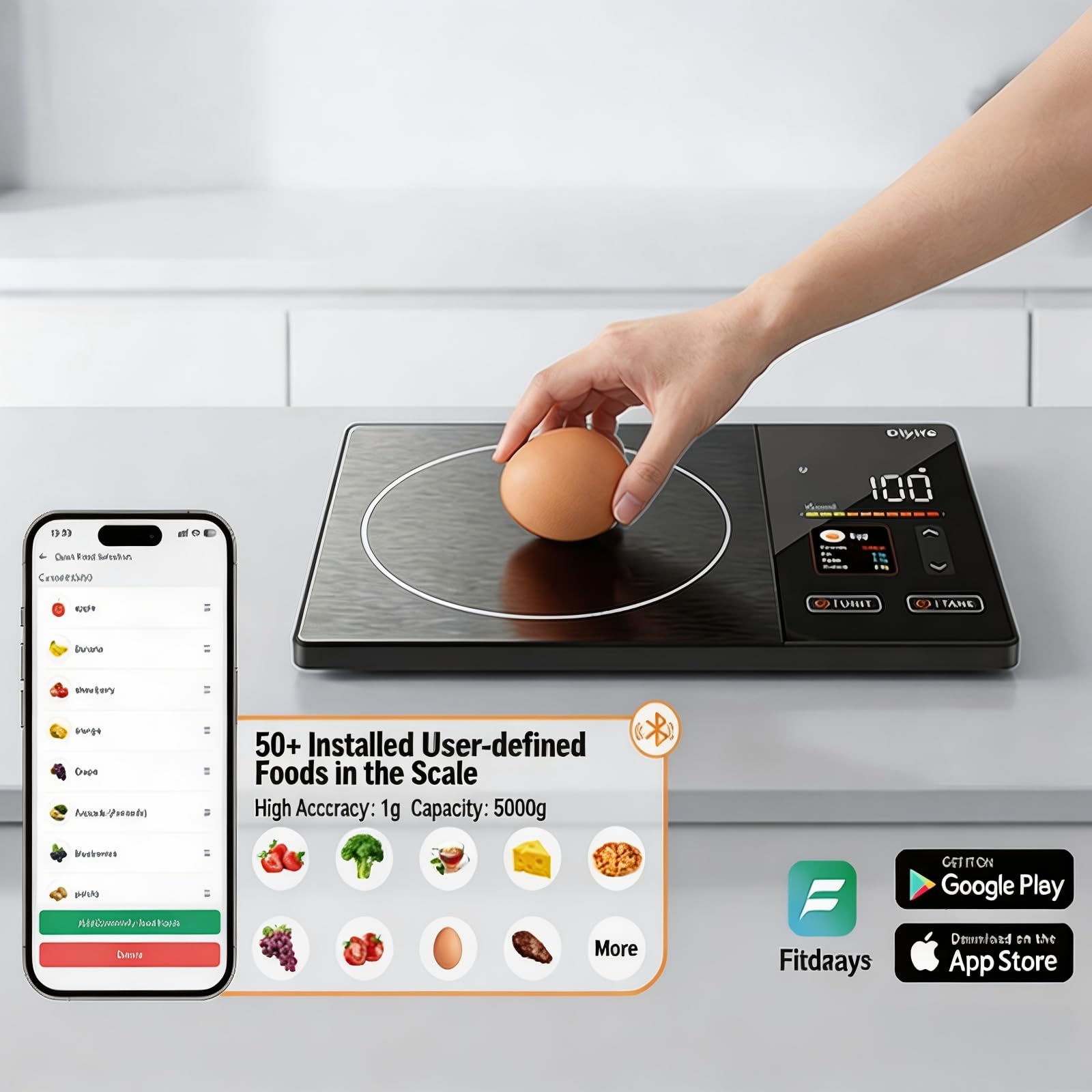 Smart Food Scale with Nutritional Calculator, [TFT Colorful Display] 5kg Nutrition Scale with App, 25 Nutrients Tracking, Calorie, Macro, Keto, Weight Loss, Tare, 5 Units for Meal Prep & Baking