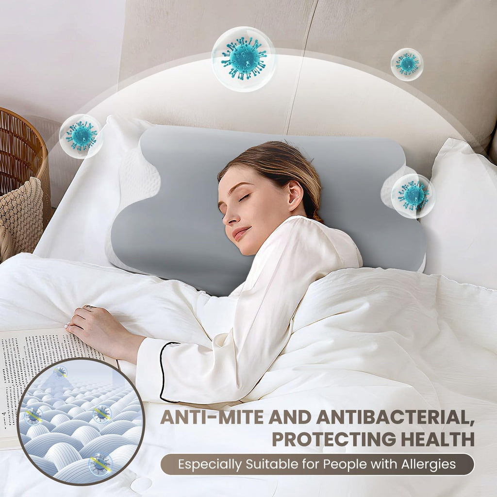 JINXIA Cervical Neck Pillows for Neck and Shoulder Pain Relief, Contour Memory Foam Pillow with Cooling Silk Case, Sleeping Cooling Neck Support Pillow, Back & Stomach Sleepers, White & Gray