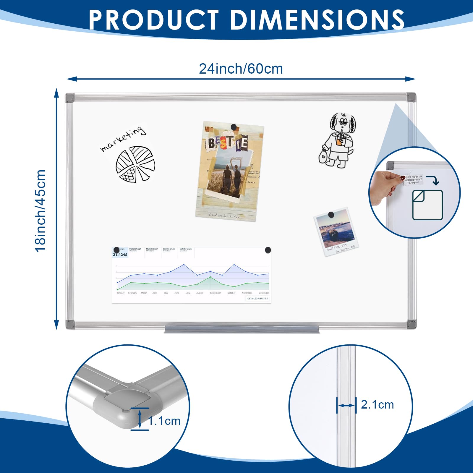 SWANCROWN Magnetic Whiteboard 24x18 inches,Dry Erase White Board for Wall 60x45cm