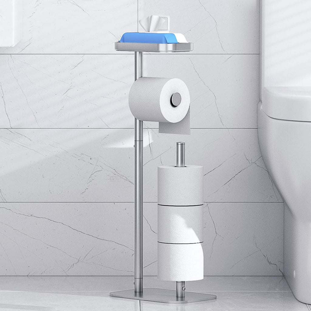 Kitsure Toilet Paper Roll Holder Free Standing – Rustproof Metal Toilet Paper Stand for 4 Rolls with Anti-Slip Base and Shelf for Phone & Small Items, Silver, 63.0 x 23.5 x 15.0 cm