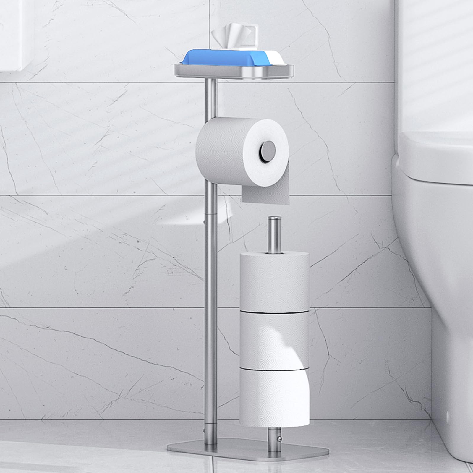 Kitsure Toilet Paper Roll Holder Free Standing – Rustproof Metal Toilet Paper Stand for 4 Rolls with Anti-Slip Base and Shelf for Phone & Small Items, Silver, 63.0 x 23.5 x 15.0 cm