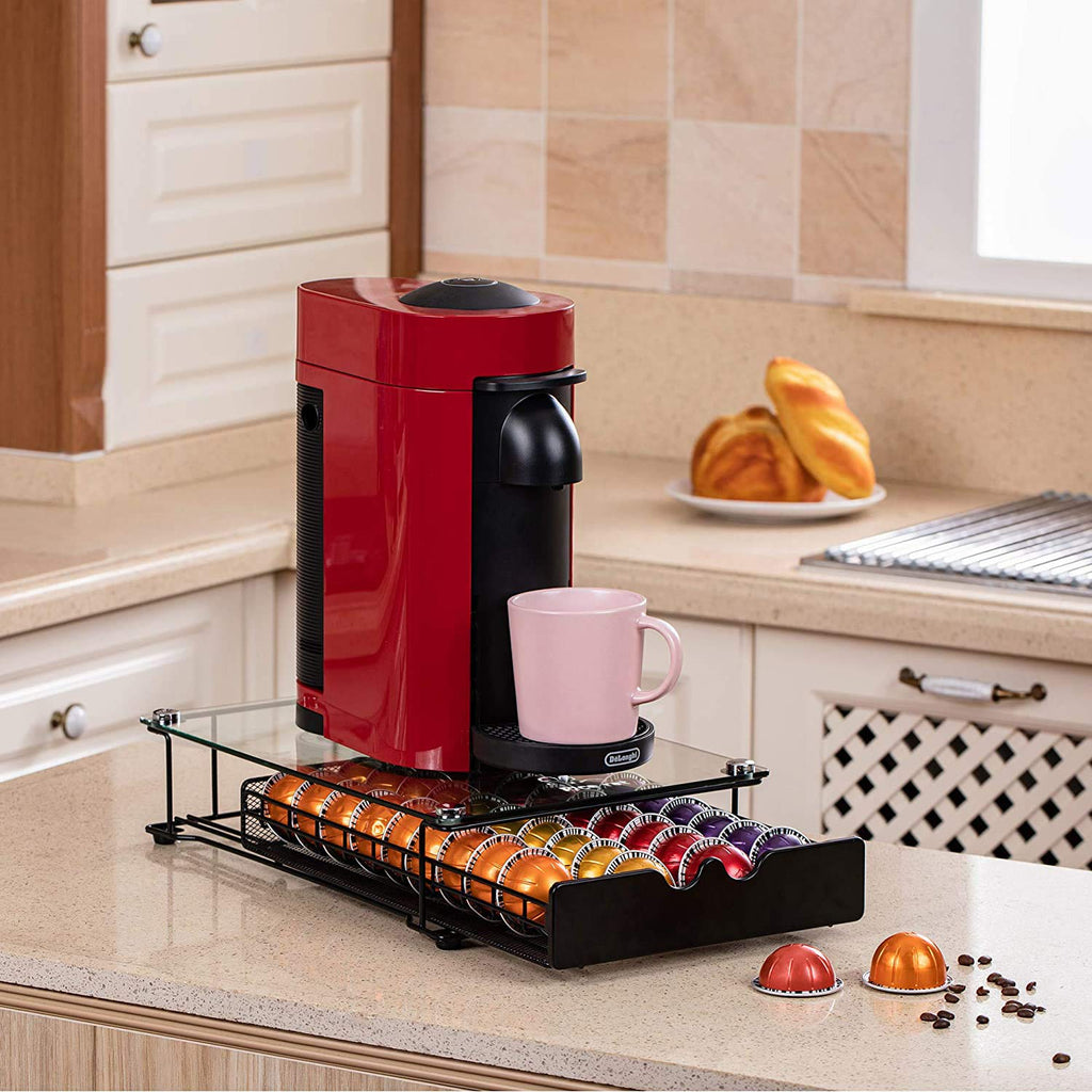 Rice rat Vertuo Capsule Holder Drawer for Nespresso With Glass For Cabinet Vertuoline Pod Storage Rack For Counter (Class-40 Pods)