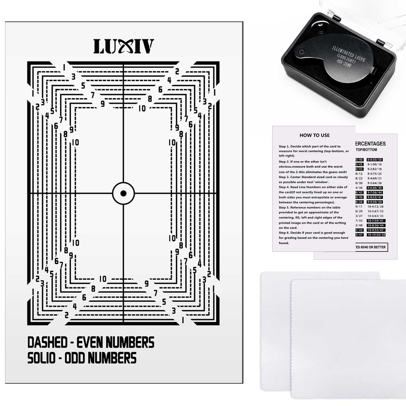 Luxiv Card Grading Centering Tool Kit, Card Center Tool with 30X Magnifying Implement, 2 Pcs Clean Cloth, Right Angle