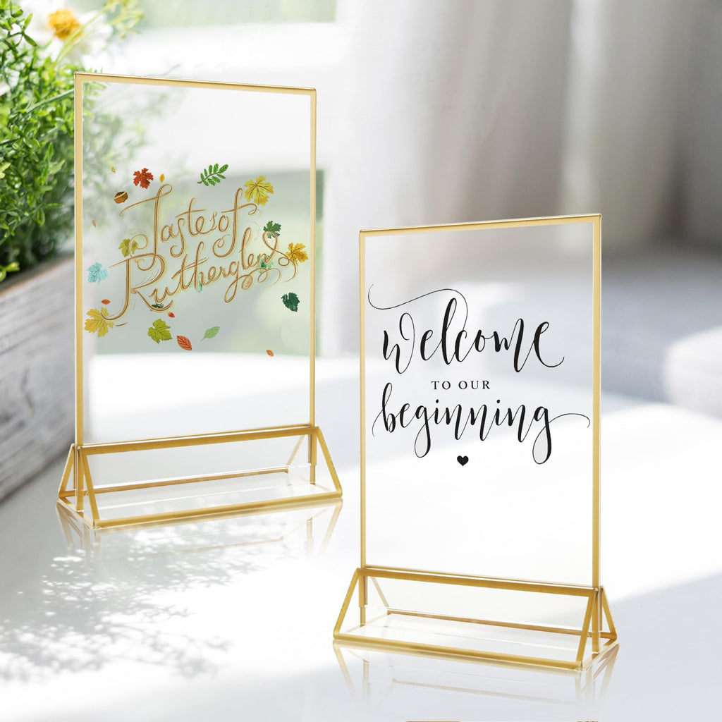 ABuff Acrylic Sign Holders with Golden Border, Portrait View, Pack of 8 | 4x6 Inches Double Sided Clear Frame, Perfect for Wedding reception, Centerpiece, Decoration, Party,Anniversary, Event