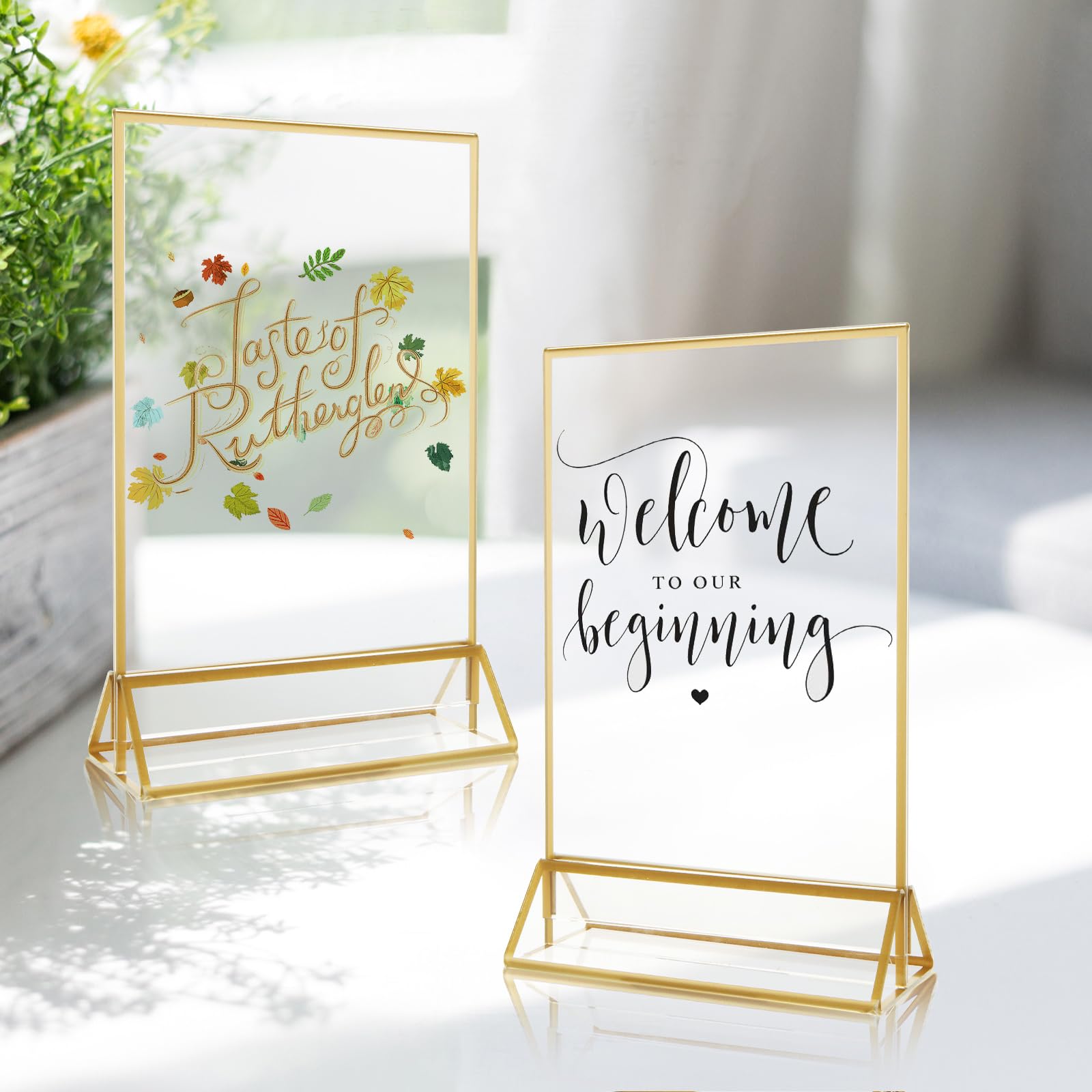 ABuff Acrylic Sign Holders with Golden Border, Portrait View, Pack of 8 | 4x6 Inches Double Sided Clear Frame, Perfect for Wedding reception, Centerpiece, Decoration, Party,Anniversary, Event