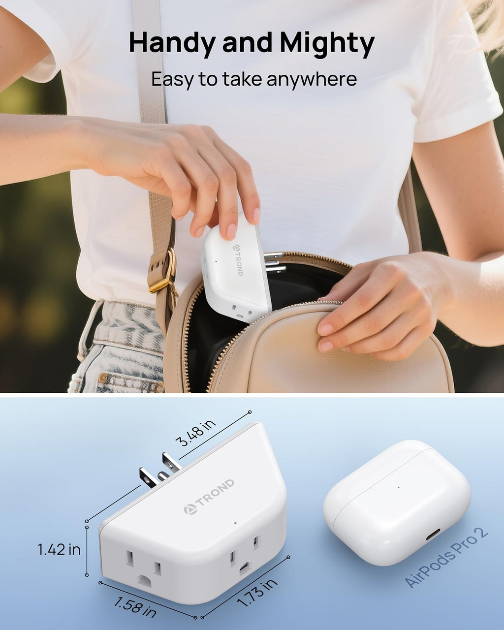 TROND 2 Pack Multi Plug Outlet Extender, 3 Way Angled Outlet Splitter, Cruise Ship Travel Essentials, Power Mutiplug Expander, Small Multiple Wall Plug for Home Office Dorm Room Accessories, White