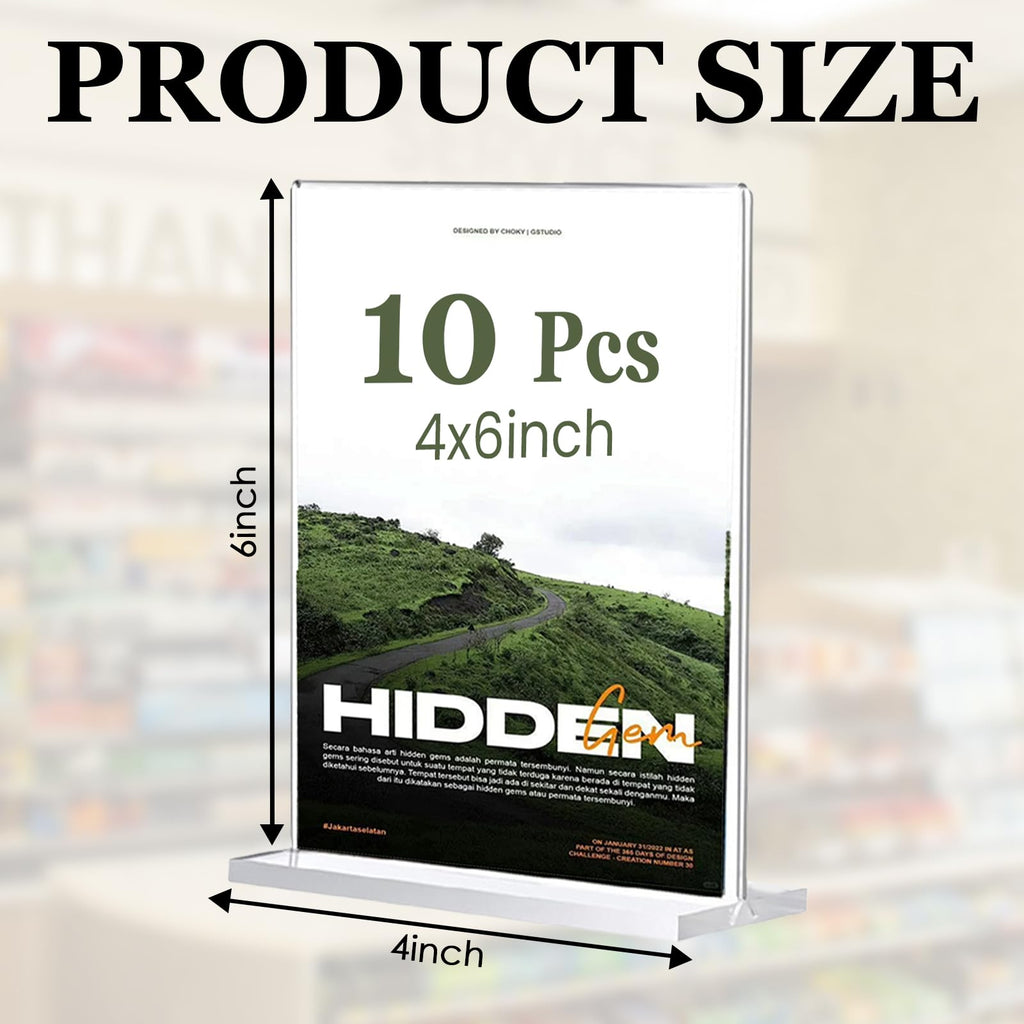 Hyuetrsa 10Pcs Clear Acrylic Sign Holder Clear Flyer Display Holder, 4×6inch Double-Sided Tabletop Display Stand for Flyers, Menus, Posters, Photos & Ads