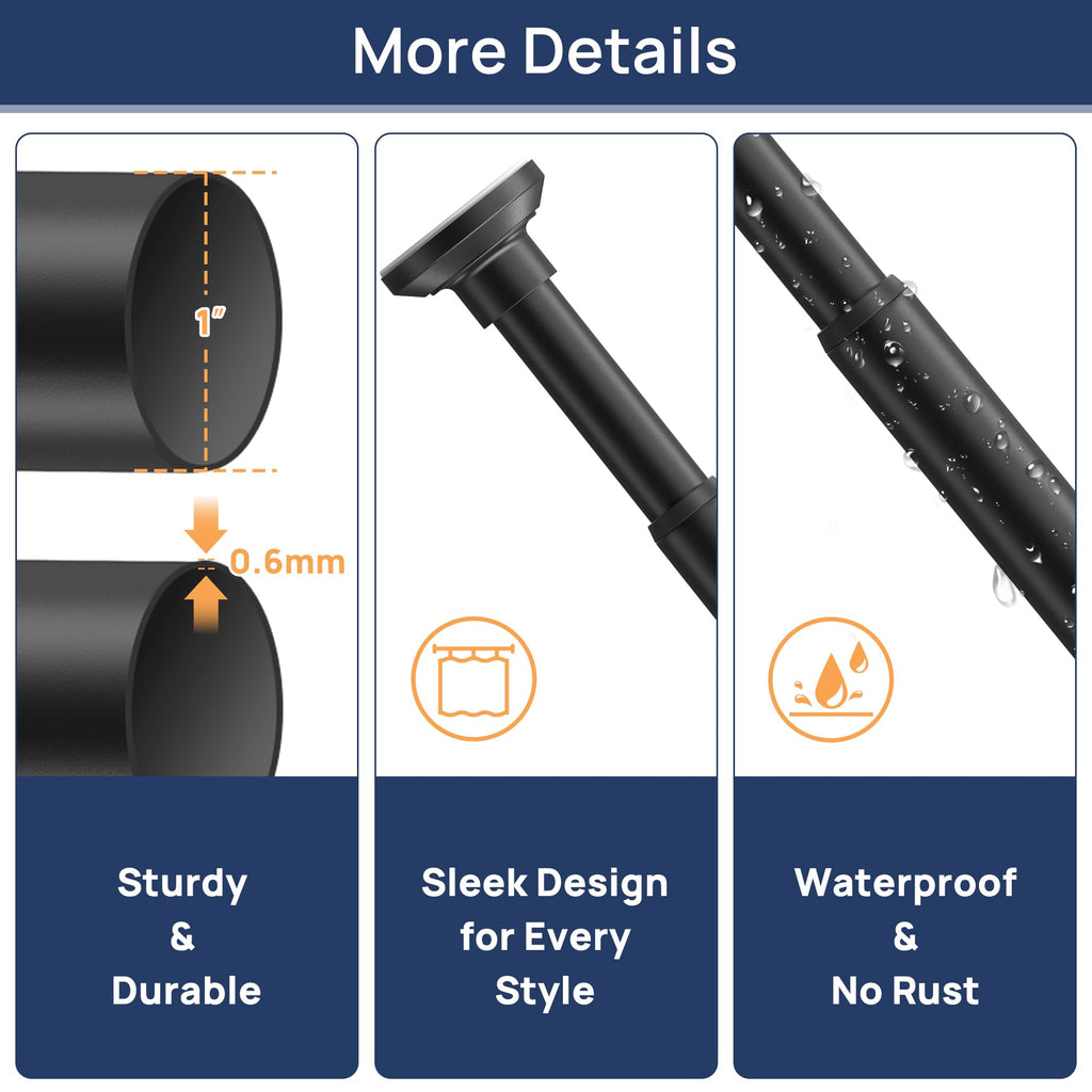 Matte Black Shower Curtain Rod Tension 30 to 76 Inches Never Rust Non-Slip Spring Tension Shower Rod No Drilling Stainless Steel Curtain Pole Use Bathroom, Closet, Window, Room Divider