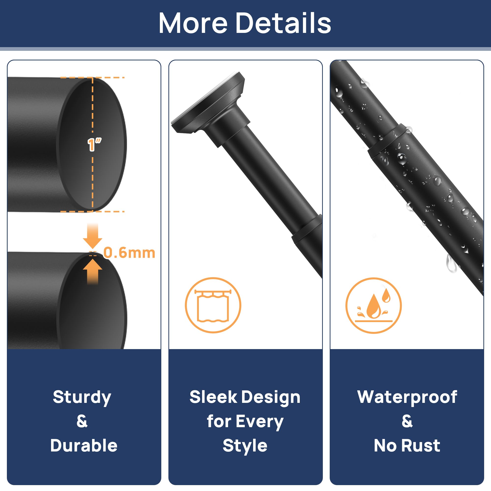 Matte Black Shower Curtain Rod Tension 30 to 76 Inches Never Rust Non-Slip Spring Tension Shower Rod No Drilling Stainless Steel Curtain Pole Use Bathroom, Closet, Window, Room Divider
