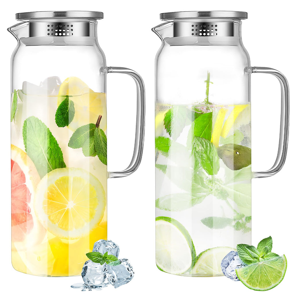 2 Pack Glass Water Pitcher, 2 L Glass Pitcher with Lid and Handle, Clear Iced Tea Pitcher Glass Milk Pitcher Heat Resistant Water Jug Juice Pitcher for Fridge Beverage Carafe