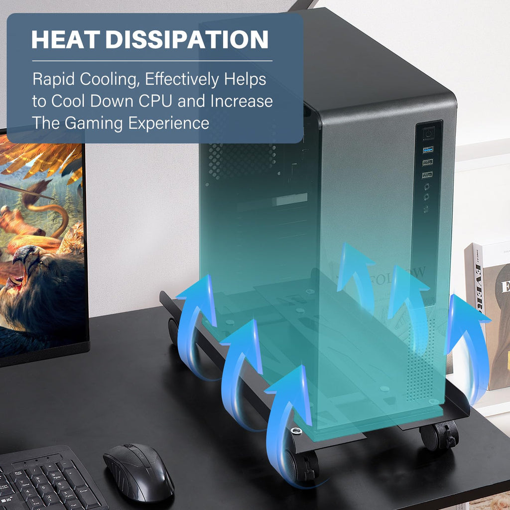 Computer Tower Stand, Adjustable Metal PC Stand for Floor, PC Tower Stand with 4 Locking Caster Wheels, CPU Holder, Mobile CPU Stand for Gaming Office Desk