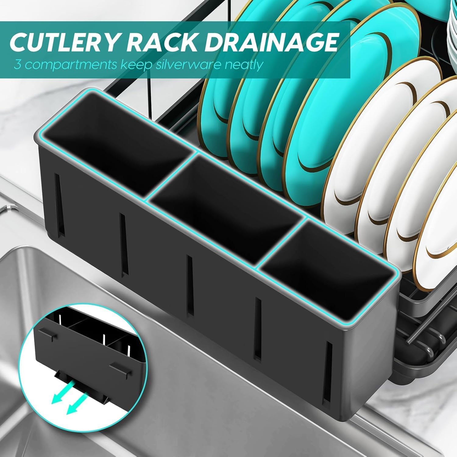 MERRYBOX Dish Drying Rack - Dish Racks with Drainboard for Kitchen Counter, Compact Stainless Steel Dish Drainer with Widened Leak-Proof Spout, Large 3-Compartment Utensil Holder, Easy Installation
