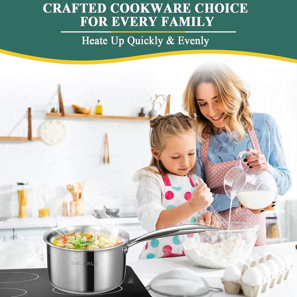 DELARLO Tri-Ply Stainless Steel 1 Quart Saucepan with Lid, Compatible with All Stove 600℉, Small Pots for Cooking, Fast Even Heats, Stainless Pot 1QT, Durable Sauce Pot, Saucepan with Lid