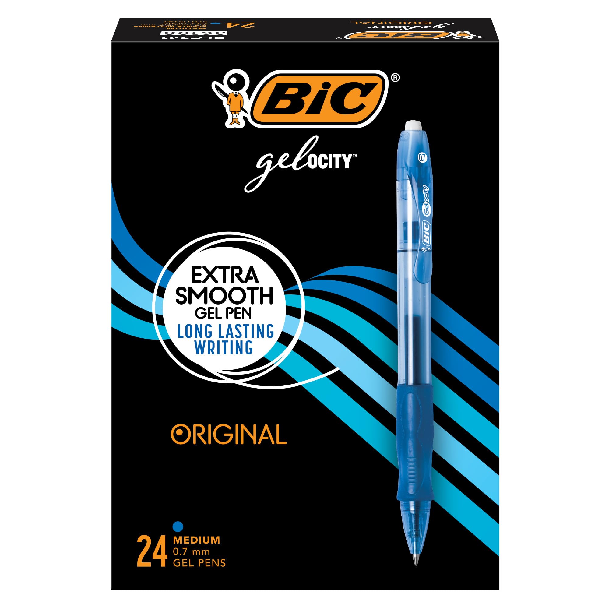 BIC Gelocity Original Retractable Gel Pen with 0.7 mm Medium Point, Smooth Ink and Translucent Barrel, 24-Count in Blue Ink