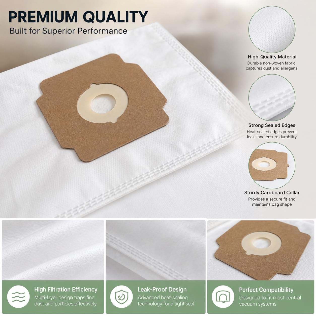 8 Pack Central Vacuum Bags Replacement for Beam, Electrolux, Kenmore 50500, Eureka, Nilfisk, Husky, Mastercraft, Star-Brute Non-Woven Cloth Filter Bags for Central Vac Systems | Sac Aspirateur Central