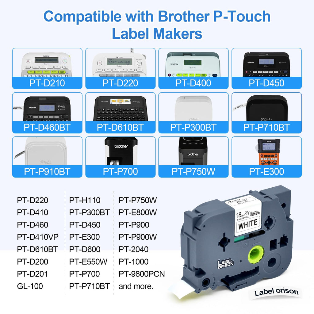 Label Orison Label Tape Compatible with Brother Ptouch TZ241 TZe-241 18mm Tz Tze Tape Cartridge Refills for PT-D400 PT-D600 PT-1880C Label Maker, Black on White, 0.7" (18mm) x 26.2ft (8m),4Pack