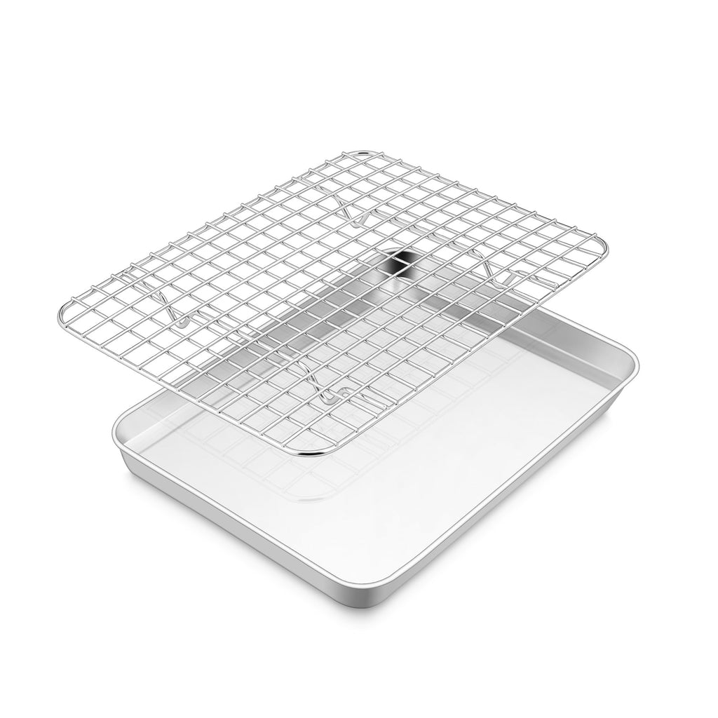 E-far Stainless Steel Baking Sheet with Wire Rack Set, 10.5” x 8.3” Cookie Sheet Baking Pan for Toaster Oven, Small Metal Tray with Cooling Rack for Cooking Roasting, Non-Toxic & Dishwasher Safe