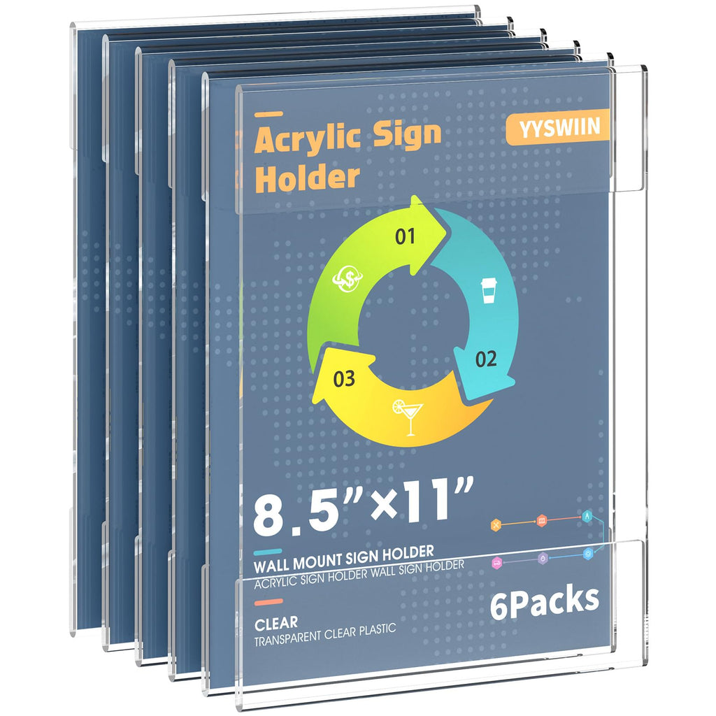 YYSWIIN Acrylic Sign Holder 8.5 x 11 wall mount,Clear Plastic Poster Holders with 3M Tape,Durable Plexi Frame for Office,Store,Home,Cafe, Restaurant (6 Pack)