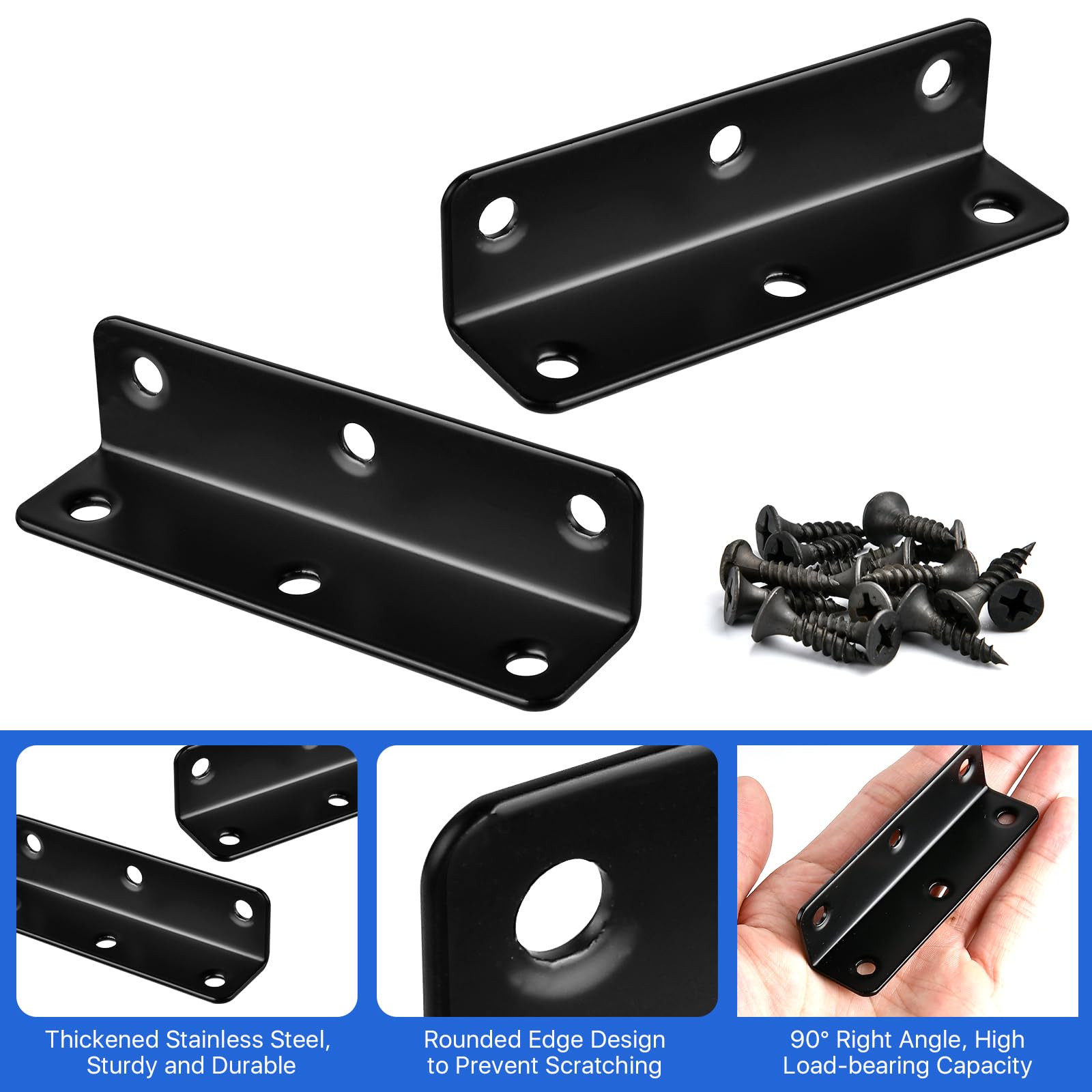Worldity 15 Pcs Corner Brace, 3.15 x 0.78 Inch Black L Bracket, Stainless Steel Corner Bracket with 90 Pcs Screws, 90 Degree Black Angle Bracket for Wooden Furniture, Shelf, Bed, Desk, Chair
