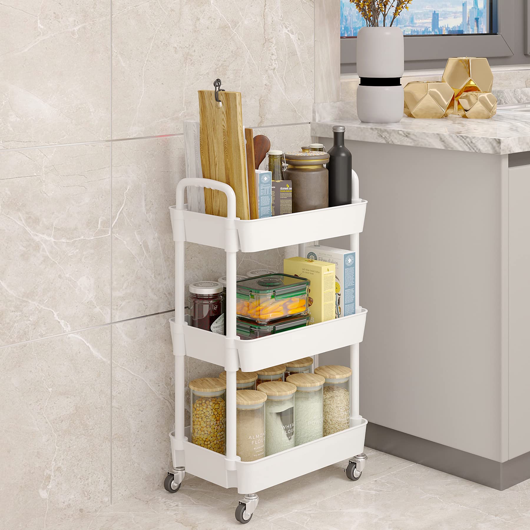 UDEAR 3-Tier Kitchen Rolling Utility Cart,Multifunction Storage Organizer with Handle and 2 Lockable Wheels for Kitchen,Bathroom,Living Room,Office,White