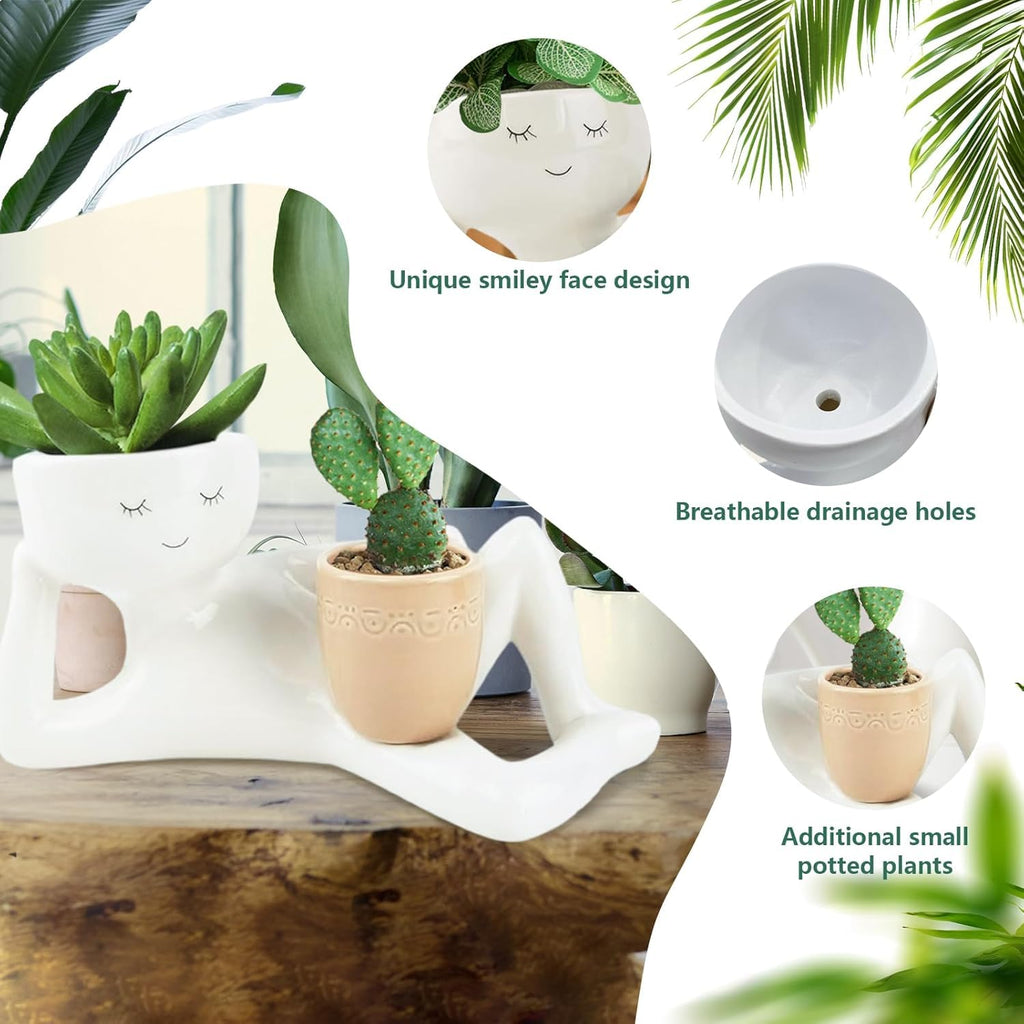 Lazy Guy Planter - Funny Smiling Face Resin Flower Pot with Double Drainage Hole, Cute Lying Down Figure Succulent & Cactus Planter, Unique Home Garden Decor Gift for Family & Friends (Yellow)