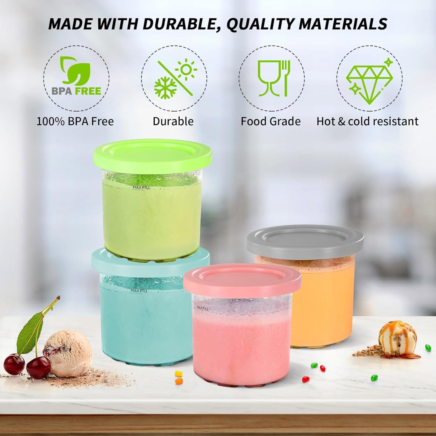 4 Pack Ice Cream Pints and Lids Compatible with Ninja NC300 NC301 NC299AMZ Series Creami Ice Cream Makers,BPA-Free,Dishwasher Safe,Color Lids,Ninja Creami Containers
