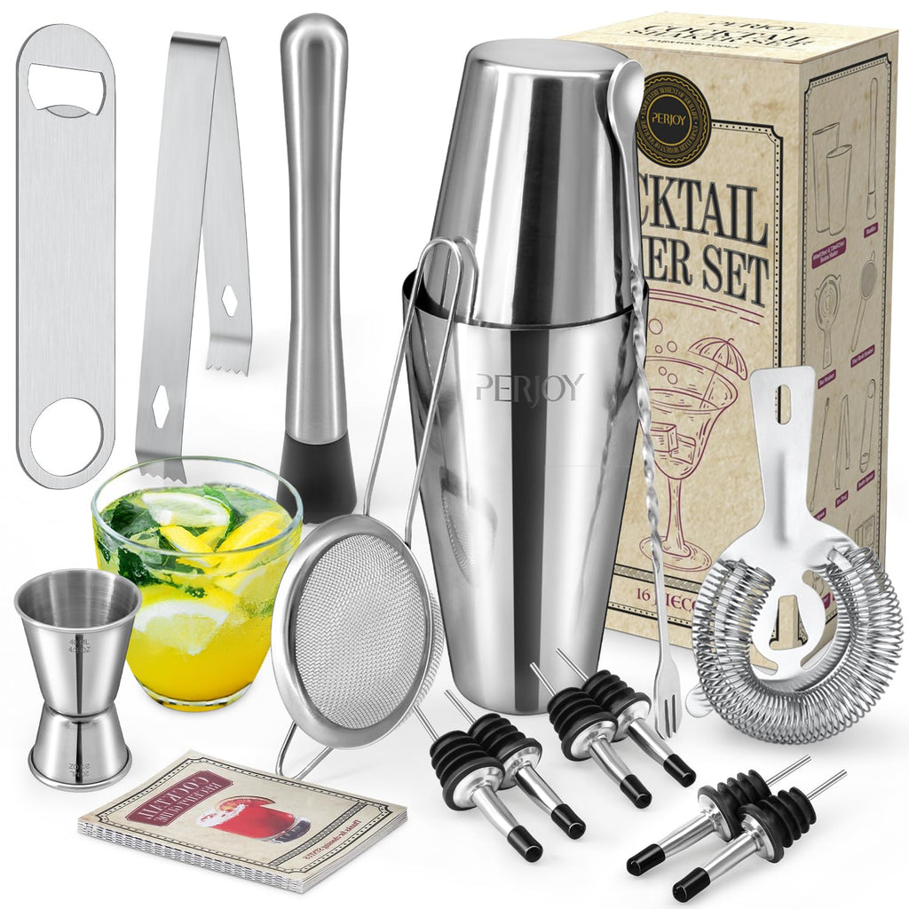 Perjoy Cocktail Shaker Set, 16 Piece Bartending kit, Cocktail Shaker, Stainless Steel Bar Set Accessories, Coktail Set, Boston Shaker, Bartending Bar Tools with Muddler Spoon Jigger