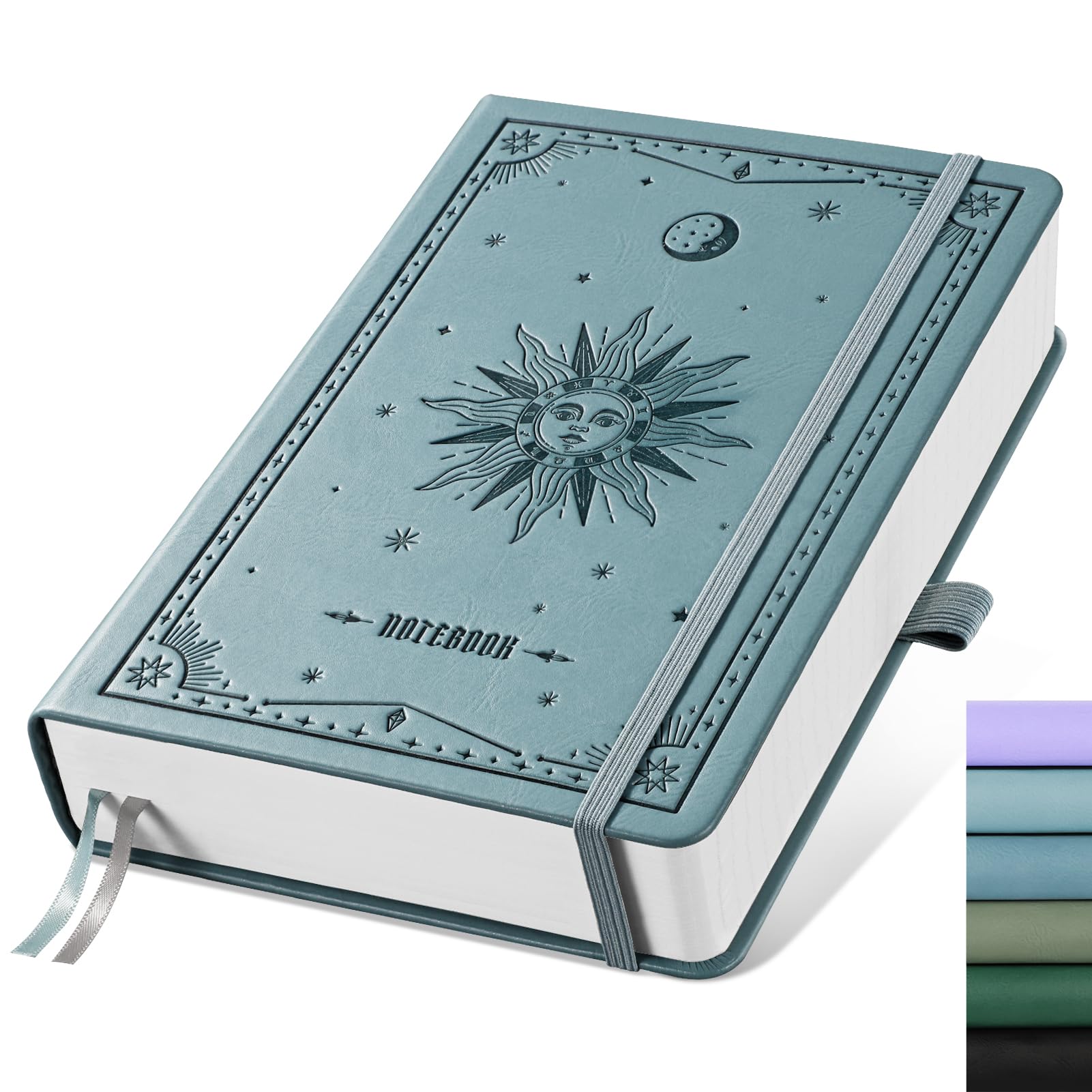 EMSHOI A5 Hardcover Leather Journal - 320 Pages, 100GSM Thick Notebook Lined Journal for Writing Women & Men, College Ruled, Sun Design- GrayBlue (5.75" x 8.38")