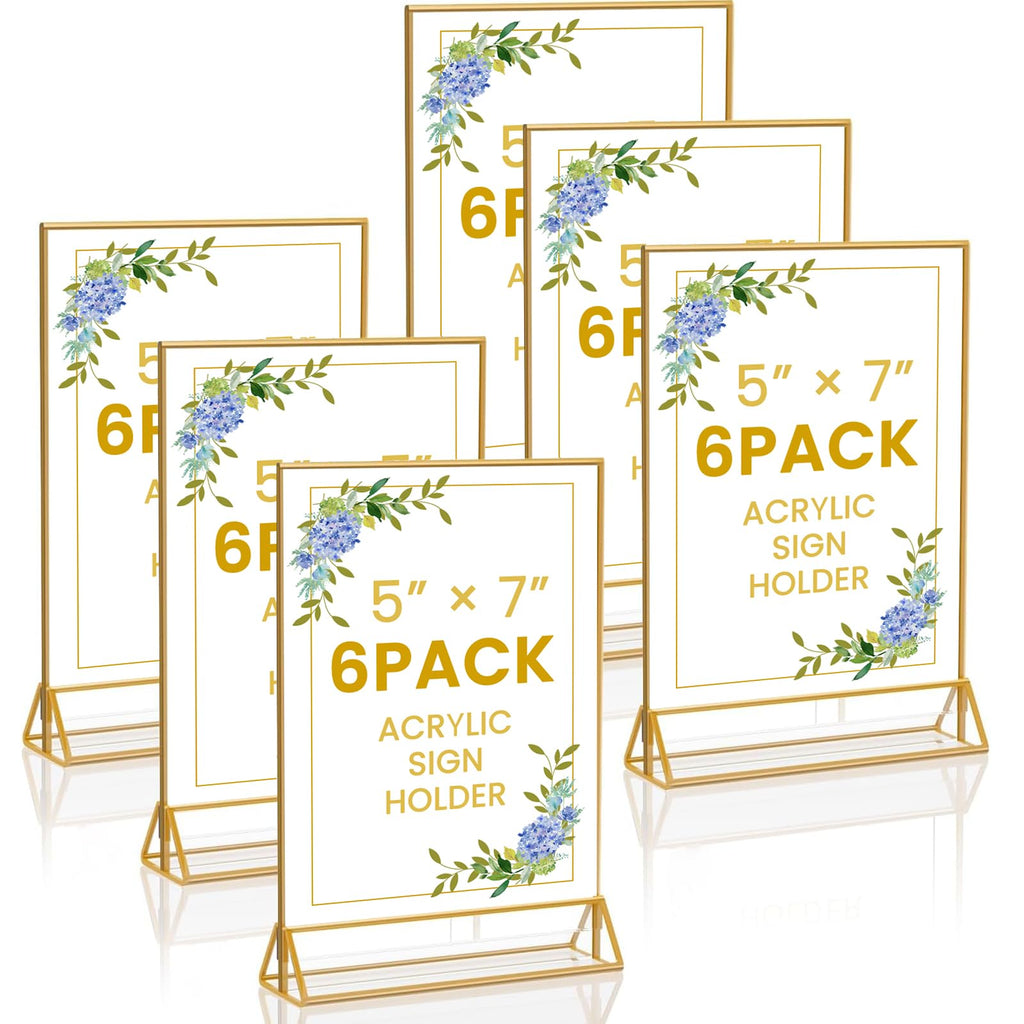 6 Pack Acrylic Gold Sign Holder, 5 x 7 Inch Clear Double Sided Picture Frame, Table Menu Display Stand Flyer Holder for Table Numbers, Photos, Restaurant, Wedding, Office (5 x 7 Inch)