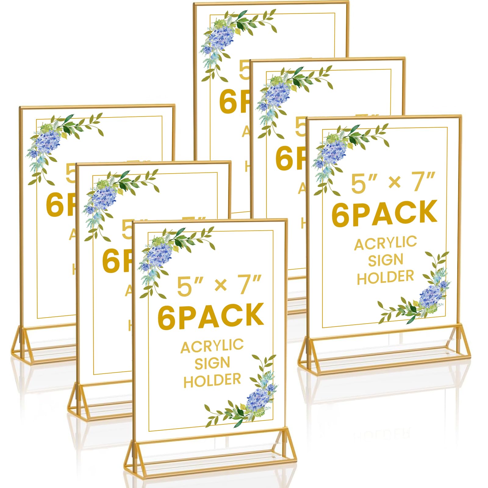 6 Pack Acrylic Gold Sign Holder, 5 x 7 Inch Clear Double Sided Picture Frame, Table Menu Display Stand Flyer Holder for Table Numbers, Photos, Restaurant, Wedding, Office (5 x 7 Inch)