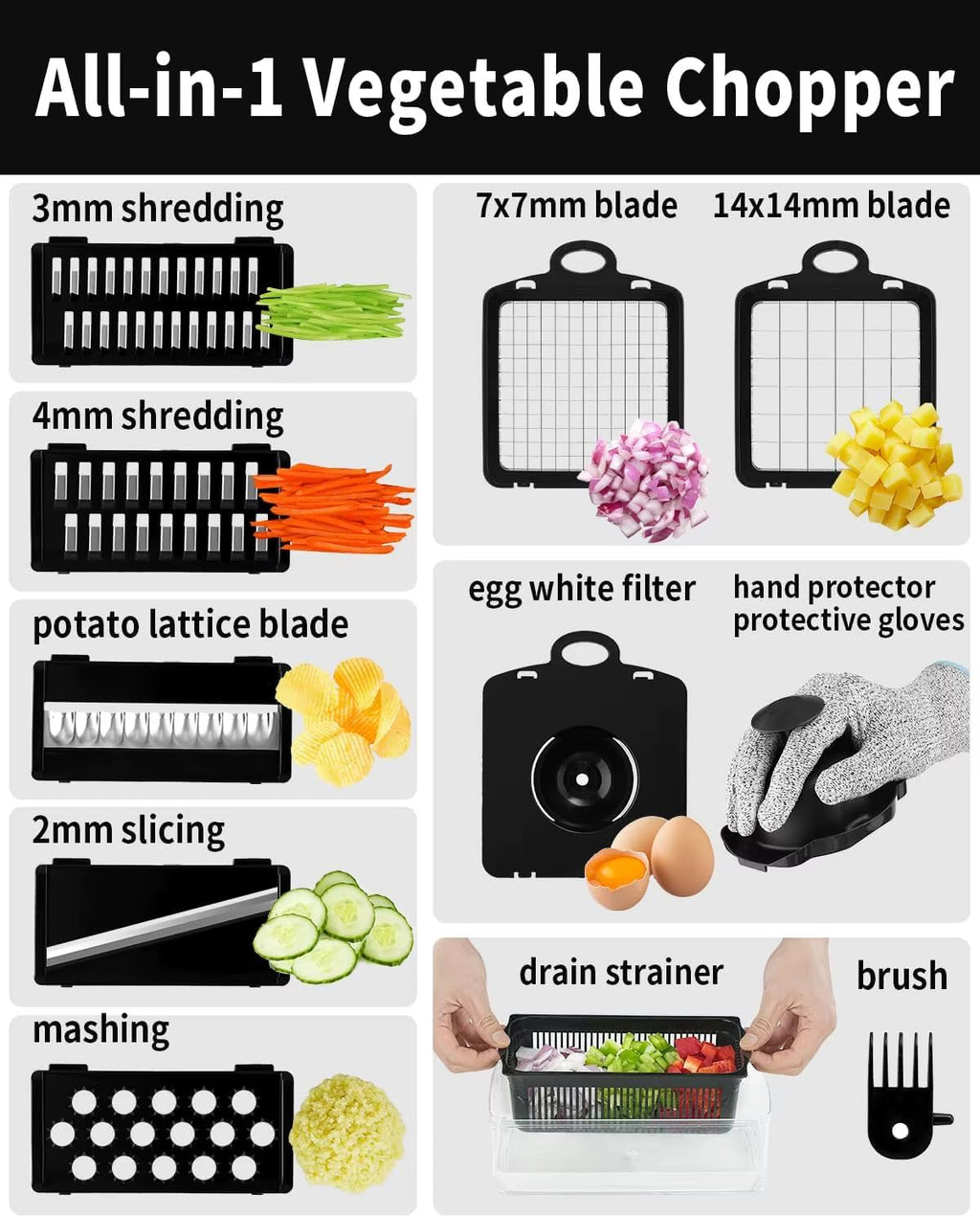 Vegetable Chopper Cutter Mandoline Slicer Cheese Grater - Food Onion Salad Veggie Chopper with Container, French Fry Potato Dicer Slicer and Cutter - Kitchen Tools Gadgets (8-in-1 Black)