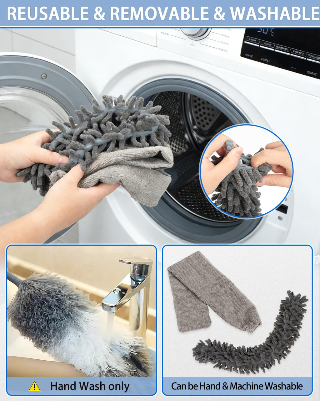 5 PCS Dusters for Cleaning, Extendable Duster Set with 100'' Telescopic Pole, Microfiber Feather Duster, Chenille Duster, Flat Dusting Pads for High Ceilings Fans Blinds, Furniture Cleaning Supplies